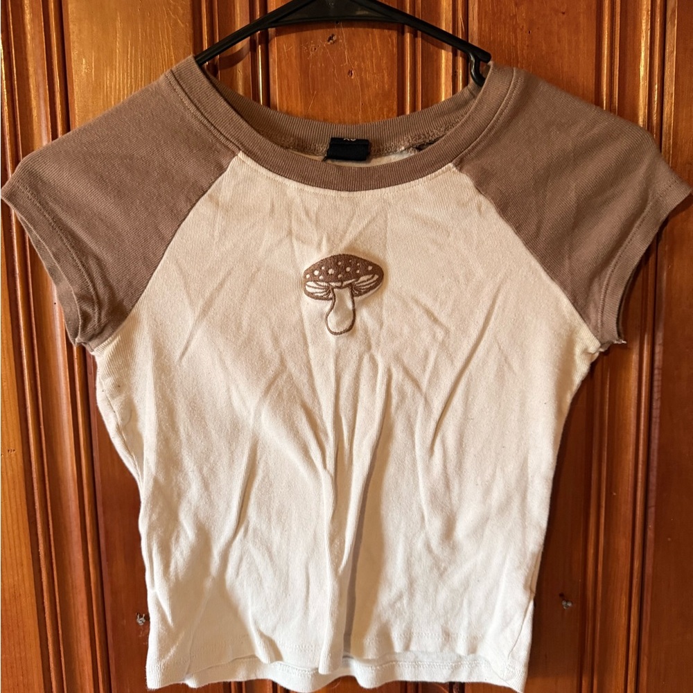 Brown and Cream Women's Top with Mushroom Design